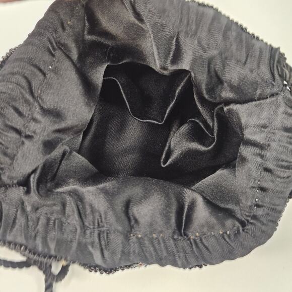 Vintage Black Beaded Floral Cinched Bag Flapper Evening Purse - Picture 6 of 10